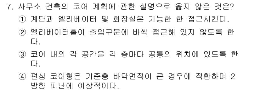 건축산업기사 2017년 7번 - . 엘리베이터 출입구면 바닥 접근에 있지 않도록 한다.

해설: 건축 설... 에 관한 핵심 기출문제