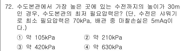 실내건축산업기사 2017년 72번 - 정답 4번인 이유는 수조의 수면에서 수압을 계산할 때, 수심에 따른 압력... 에 관한 핵심 기출문제