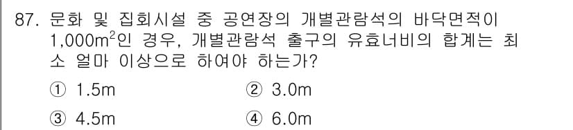 실내건축산업기사 2017년 87번 - 문화 및 집회시설의 경우, 개별 관람석의 바닥면적이 1,000㎡일 때 출... 에 관한 핵심 기출문제
