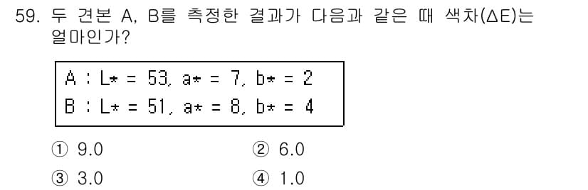 컬러리스트산업기사 2015년 59번 - ΔE는 두 색상 A와 B 간의 차이를 나타내는 값으로, CIELAB 색 ... 에 관한 핵심 기출문제