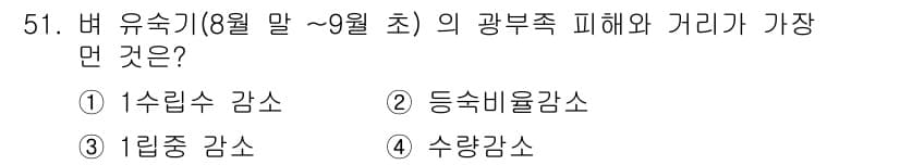 식물보호기사 2016년 51번 - . 등숙비율 감소

여름철 높은 온도와 습도로 인해 광합성이 저하되고, ... 에 관한 핵심 기출문제