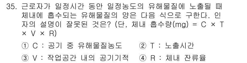 산업위생관리기사 2016년 35번 - 유해물질의 농도는 시간에 따라 변화하므로, C(공기 중 유해물질 농도)와... 에 관한 핵심 기출문제