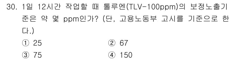 산업위생관리기사 2017년 31번 - 1일 12시간 근무 시, TLV(Threshold Limit Value)... 에 관한 핵심 기출문제