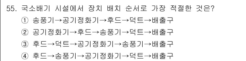 산업위생관리기사 2017년 57번 - 국가배기 시설의 장치 배치는 오염물질의 안전한 처리와 순차적인 흐름을 고... 에 관한 핵심 기출문제