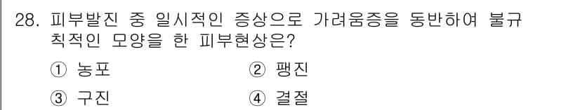 이용사 2016년 28번 - 정답은 3번 구진입니다. 구진은 피부 발진의 일종으로, 고립된 돌출된 부... 에 관한 핵심 기출문제
