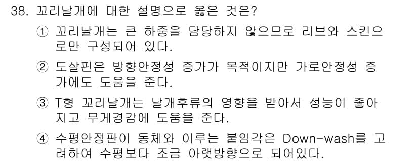 항공기체정비기능사 2016년 38번 - 꼬리날개는 비행기의 안정성과 조종성을 향상시키며, 리버스와 스키밍 구조로... 에 관한 핵심 기출문제
