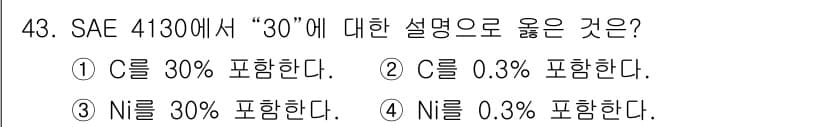 항공기체정비기능사 2016년 43번 - SAE 4130에서 "30"은 주요 합금 원소인 크롬(Cr)과 몰리브덴(... 에 관한 핵심 기출문제