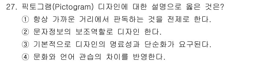 멀티미디어콘텐츠제작전문가 2016년 27번 - . 픽토그램은 기본적으로 디자인의 명료성과 단순화가 요구되므로, 쉽게 이... 에 관한 핵심 기출문제