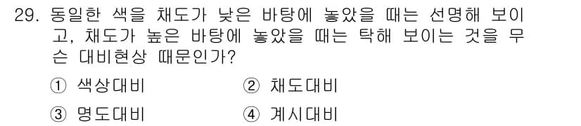 멀티미디어콘텐츠제작전문가 2016년 29번 - . 채도가 높은 바탕에 놓았을 때는 색상이 더 선명하게 보이기 때문에 채... 에 관한 핵심 기출문제
