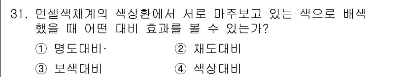 멀티미디어콘텐츠제작전문가(구) 2017년 31번 - 정답은 3번 '색상 대비'입니다. 색상 대비는 서로 다른 색상 간의 시각... 에 관한 핵심 기출문제