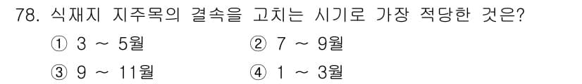 조경산업기사 2015년 78번 - 식재지 자조목의 결속 시기는 일반적으로 봄과 가을에 이루어집니다. 3월에... 에 관한 핵심 기출문제