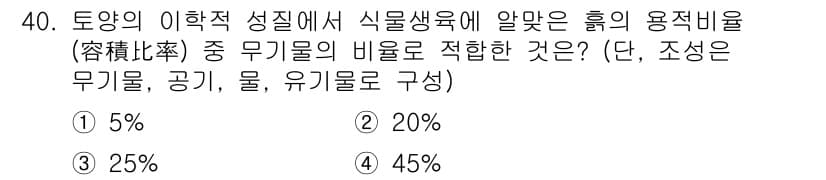 조경산업기사 2017년 40번 - . 

토양의 이화학적 성질에 따라 식물생육에 적합한 흙의 용적 비율은 ... 에 관한 핵심 기출문제