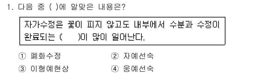 종자기사 2016년 1번 - . 응예현상

응예현상은 식물이 꽃이 피지 않고도 내부에서 수분과 수정이... 에 관한 핵심 기출문제