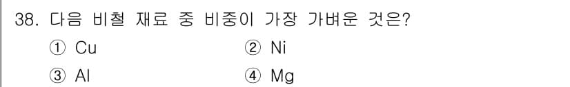 기계가공조립기능사 2015년 38번 - . Al (알루미늄)

알루미늄은 비중이 낮고 가벼운 특성을 가지고 있습... 에 관한 핵심 기출문제