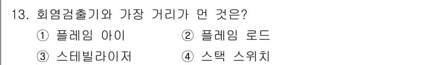 에너지관리기사 2016년 13번 - 정답은 2번, "플레임 로드"입니다. 화염검출기는 화염의 존재를 감지하기... 에 관한 핵심 기출문제