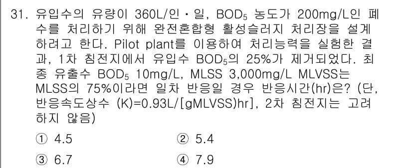 수질환경산업기사 2016년 31번 - 정답과 핵심 포인트를 검수 중인 기출문제