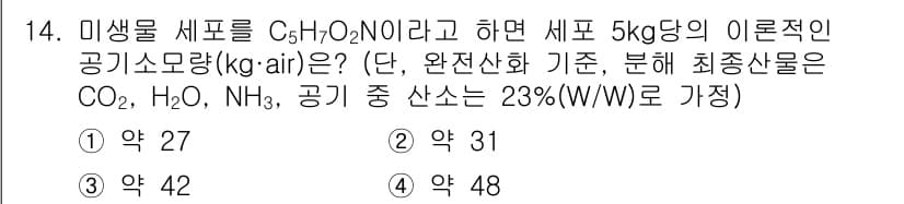 수질환경산업기사 2017년 14번 - 미생물 세포 C₅H₇O₂N의 분자량을 계산하면 약 113.14 g/mol... 에 관한 핵심 기출문제