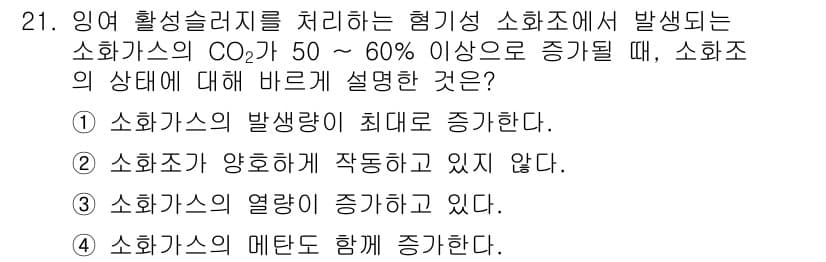수질환경산업기사 2017년 21번 - 소화조에서 CO₂ 농도가 50-60% 이상 증가하면 소화조의 발생량이 최... 에 관한 핵심 기출문제