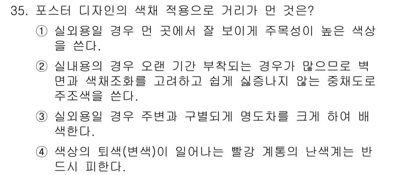 컬러리스트기사 2016년 35번 - 해설: 포스터 디자인은 주목성을 높이기 위해 강렬한 색상을 사용해야 한다... 에 관한 핵심 기출문제