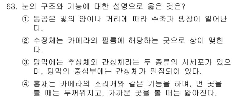 컬러리스트기사 2016년 63번 - 정답 2는 수정체가 카메라의 필름에 해당한다는 설명이 맞기 때문입니다. ... 에 관한 핵심 기출문제