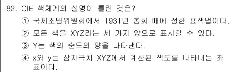 컬러리스트기사 2016년 82번 - Y는 색의 순도를 나타내지 않으며, CIE 색체계에서 Y는 밝기를 나타냅... 에 관한 핵심 기출문제