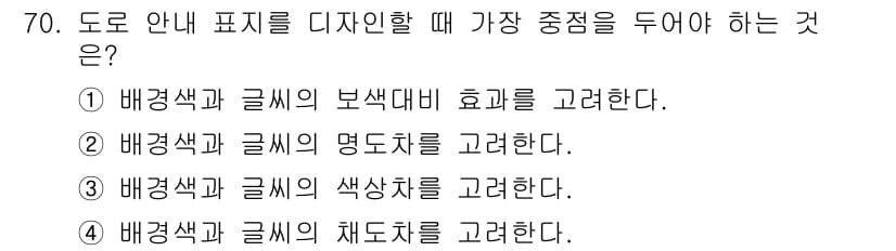컬러리스트기사 2017년 70번 - . 

안내 표지 디자인 시, 배경색과 글씨의 색도차를 고려하여 가독성을... 에 관한 핵심 기출문제