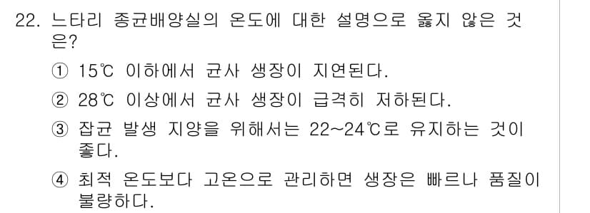 버섯종균기능사 2015년 22번 - 28도 이상에서는 균사 생장이 급격히 저해되므로, 버섯 종균의 최적 온도... 에 관한 핵심 기출문제