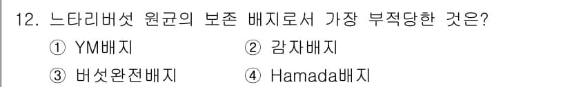 버섯종균기능사 2016년 12번 - . YM배지

YM배지는 느타리버섯의 원균 배양에 적합하지 않으며, 주로... 에 관한 핵심 기출문제