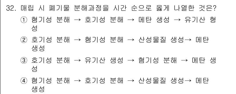 폐기물처리기사 2017년 32번 - 정답은 ②입니다. 폐기물의 분해 과정은 먼저 허용된 조건에서 혐기성 분해... 에 관한 핵심 기출문제