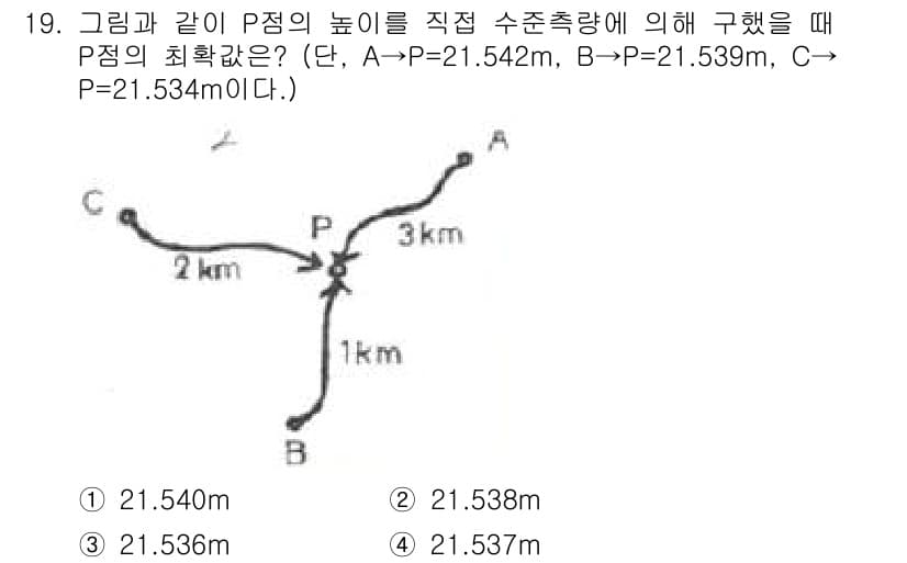 측량기능사 2016년 19번 - P점의 고도가 A, B, C의 고도와 수평 거리로부터 계산됩니다. 각 점... 에 관한 핵심 기출문제