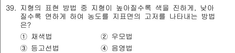 측량기능사 2016년 39번 - . 음영법  
음영법은 지형의 높낮이를 시각적으로 표현하기 위해 높은 지... 에 관한 핵심 기출문제