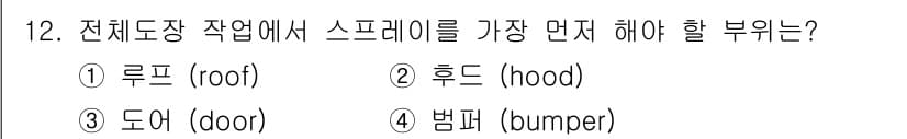 자동차보수도장기능사 2015년 12번 - . 루프 (roof)

전체 도장 작업에서 루프는 차량의 가장 상단 부분... 에 관한 핵심 기출문제