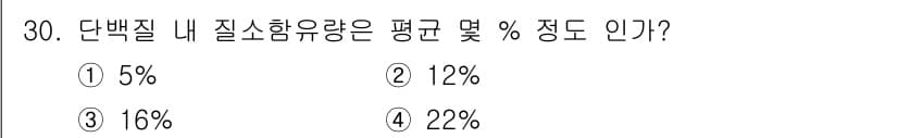 식품산업기사 2017년 30번 - 단백질 내 질소 함유량의 평균은 약 16% 정도로 알려져 있습니다. 이는... 에 관한 핵심 기출문제