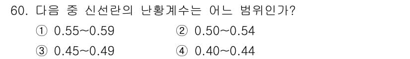 식품산업기사 2017년 60번 - 신선란의 난황 색깔 등급에서 0.40~0.44는 일반적으로 낮은 색깔 범... 에 관한 핵심 기출문제