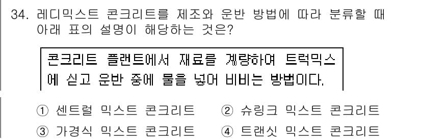콘크리트기능사 2016년 34번 - 정답과 핵심 포인트를 검수 중인 기출문제