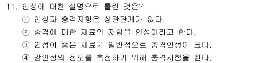 금속재료산업기사 2016년 11번 - 강도는 재료의 저항력을 의미하며, 충격 시험은 재료의 인성이나 충격에 대... 에 관한 핵심 기출문제