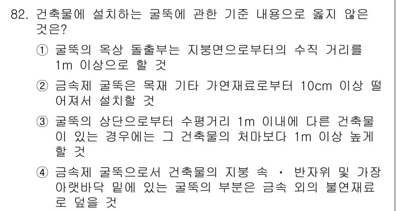 건축설비기사 2016년 82번 - 굴뚝의 옥상 돌출부는 지붕면으로부터 1m 이상에 위치해야 하며, 이는 안... 에 관한 핵심 기출문제