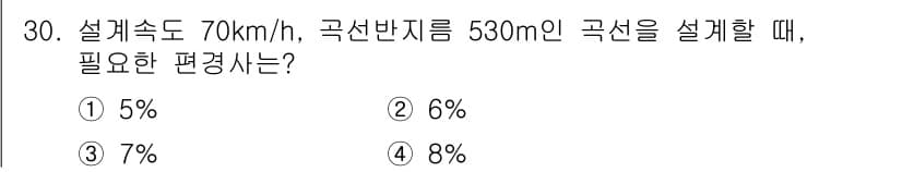 측량및지형공간정보기사 2016년 30번 - 곡선반경(R)과 설계속도(V)에 따라 편경사를 결정할 수 있습니다. 설계... 에 관한 핵심 기출문제