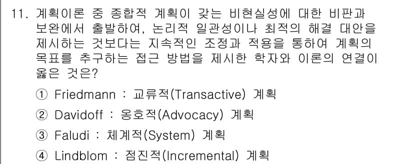 도시계획기사 2016년 11번 - 정답과 핵심 포인트를 검수 중인 기출문제