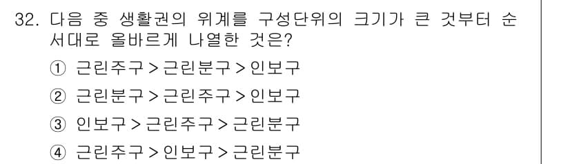 도시계획기사 2017년 32번 - 정답 4번입니다. 생활권의 위계는 주민의 생활 편의성을 고려하여 구성되며... 에 관한 핵심 기출문제