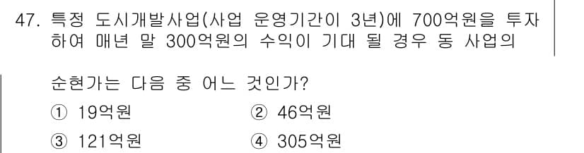 도시계획기사 2017년 47번 - 특정 도시개발사업의 수익은 3년 동안 매년 300억원으로 예상되어 900... 에 관한 핵심 기출문제