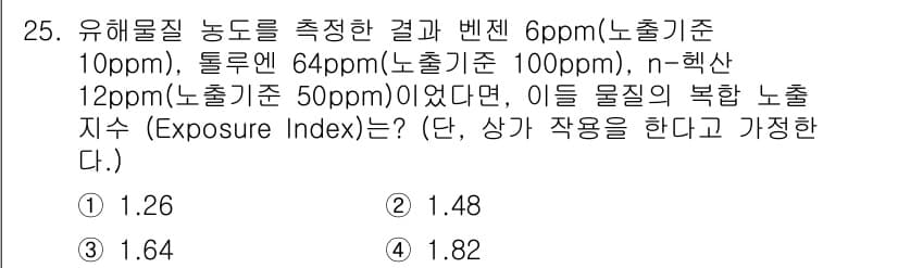 산업위생관리산업기사 2017년 26번 - 문제에서 제공된 농도와 물질들의 특성을 바탕으로 유해물질의 노출 지수(E... 에 관한 핵심 기출문제
