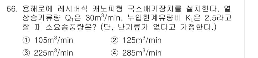 산업위생관리산업기사 2017년 67번 - 정답 3번(225㎥/min)의 이유는 레시버 형태의 캐노피형 굴뚝에서 배... 에 관한 핵심 기출문제