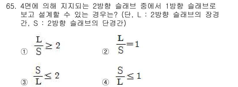 콘크리트기사 2015년 67번 - 1방향 슬래브로 설계할 수 있는 경우는 2방향 슬래브의 길이(L)가 2방... 에 관한 핵심 기출문제