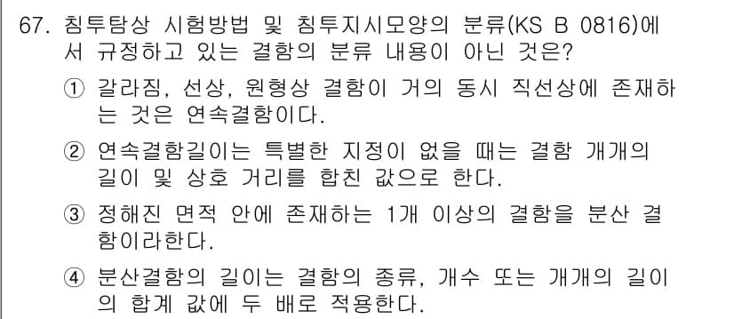 침투비파괴검사기사(구) 2016년 67번 - 정답 3번은 '정해진 면적 안에 존재하는 1개 이상의 결함'에 대한 설명... 에 관한 핵심 기출문제