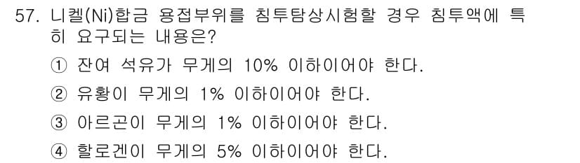 침투비파괴검사기사 2016년 57번 - 정답과 핵심 포인트를 검수 중인 기출문제