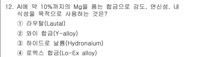 침투비파괴검사기사(구) 2017년 12번 - 정답인 3번 하이드로도 날룸(Hydronium alloy)은 알루미늄에서... 에 관한 핵심 기출문제