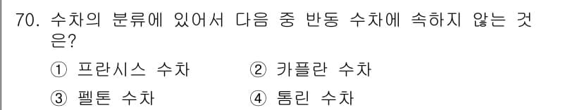 건설기계설비기사 2016년 70번 - 수차의 분류에서 "키플란 수차"는 실질적으로 수차의 유형에 포함되지 않습... 에 관한 핵심 기출문제