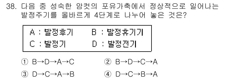축산기사 2015년 38번 - 주어진 A, B, C, D의 관계를 보면, 각 발달 주기를 통해 포유류의... 에 관한 핵심 기출문제