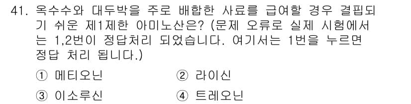 축산기사 2017년 41번 - 4. **라이신**  
라이신은 우유수와 대두박의 단백질 조합에서 중요하... 에 관한 핵심 기출문제